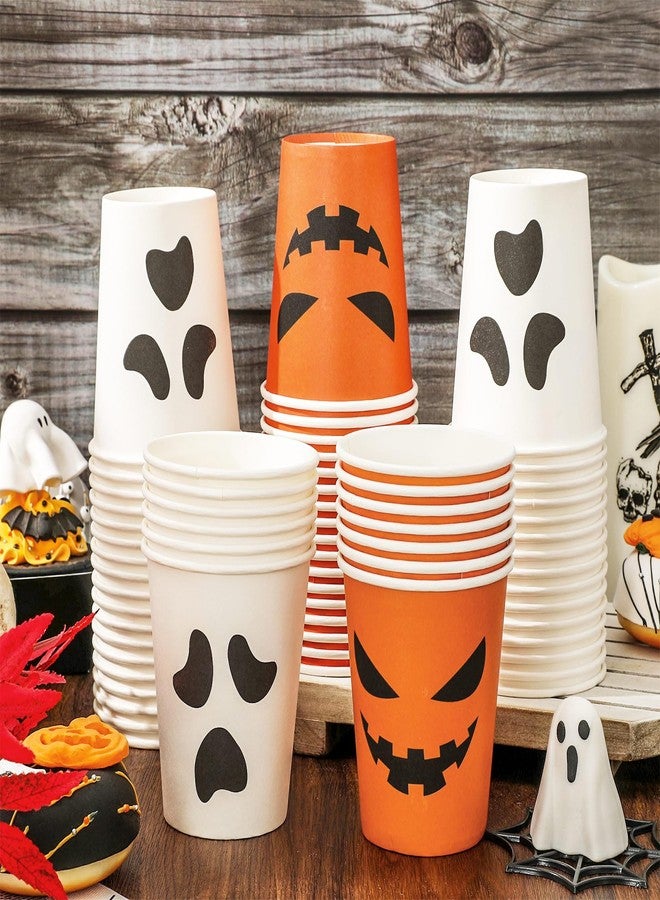 JarThenaAMCS 100Pcs Halloween Paper Cups 9oz Pumpkin Ghost Disposable Drinking Cups White Orange Spooky Party Cups for Hot Cold Drink Halloween Party Supplies - Image 4